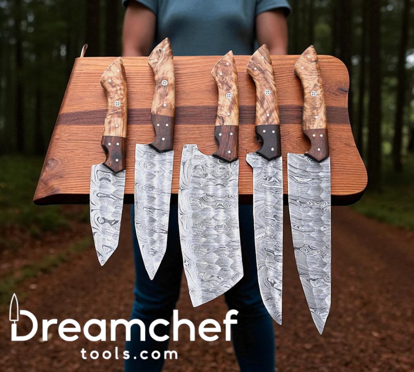Damascus Cooking Knife Set – 13” Handmade Chef Knife with Olive & Rosewood Handle, Steel Bolster & Leather Sheath