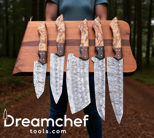 Damascus Cooking Knife Set – 13” Handmade Chef Knife with Olive & Rosewood Handle, Steel Bolster & Leather Sheath