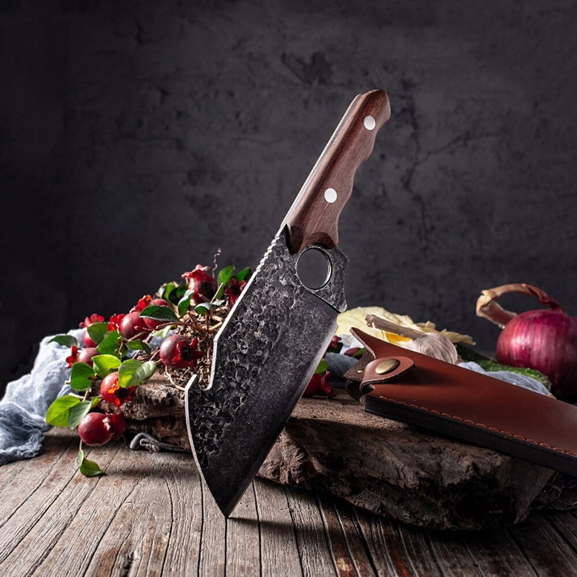 Best Cleaver Knife – Handmade Damascus Steel Cleaver with Rosewood Handle & Leather Sheath for Fall BBQ Season