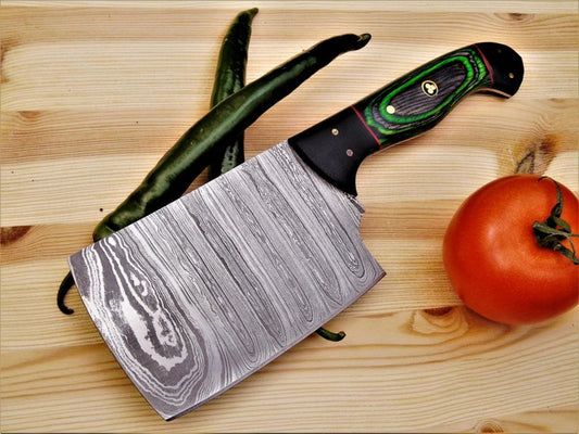 Hand-Forged Damascus Steel Cleaver Knife – 9” Pakkawood Handle & Leather Sheath | Perfect Holiday Gift for Chefs & BBQ Lovers