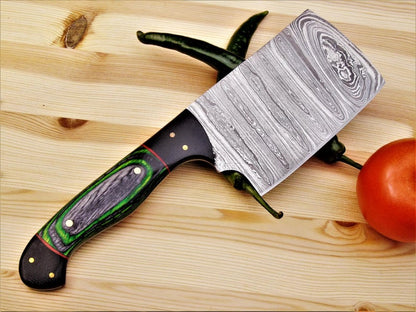Hand-Forged Damascus Steel Cleaver Knife – 9” Pakkawood Handle & Leather Sheath | Perfect Holiday Gift for Chefs & BBQ Lovers