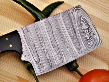 Hand-Forged Damascus Steel Cleaver Knife – 9” Pakkawood Handle & Leather Sheath | Perfect Holiday Gift for Chefs & BBQ Lovers