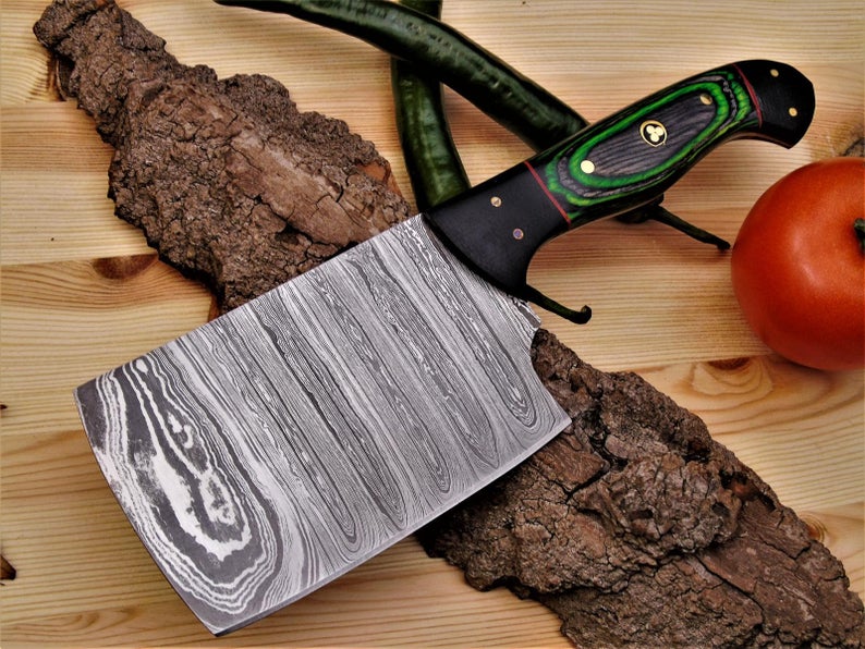 Hand-Forged Damascus Steel Cleaver Knife – 9” Pakkawood Handle & Leather Sheath | Perfect Holiday Gift for Chefs & BBQ Lovers