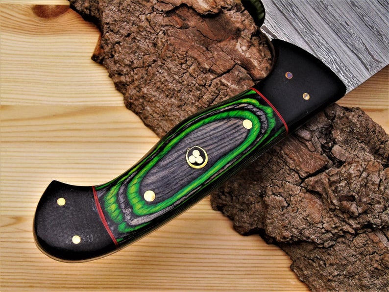 Hand-Forged Damascus Steel Cleaver Knife – 9” Pakkawood Handle & Leather Sheath | Perfect Holiday Gift for Chefs & BBQ Lovers