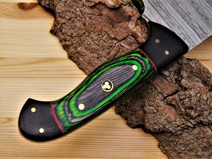 Hand-Forged Damascus Steel Cleaver Knife – 9” Pakkawood Handle & Leather Sheath | Perfect Holiday Gift for Chefs & BBQ Lovers