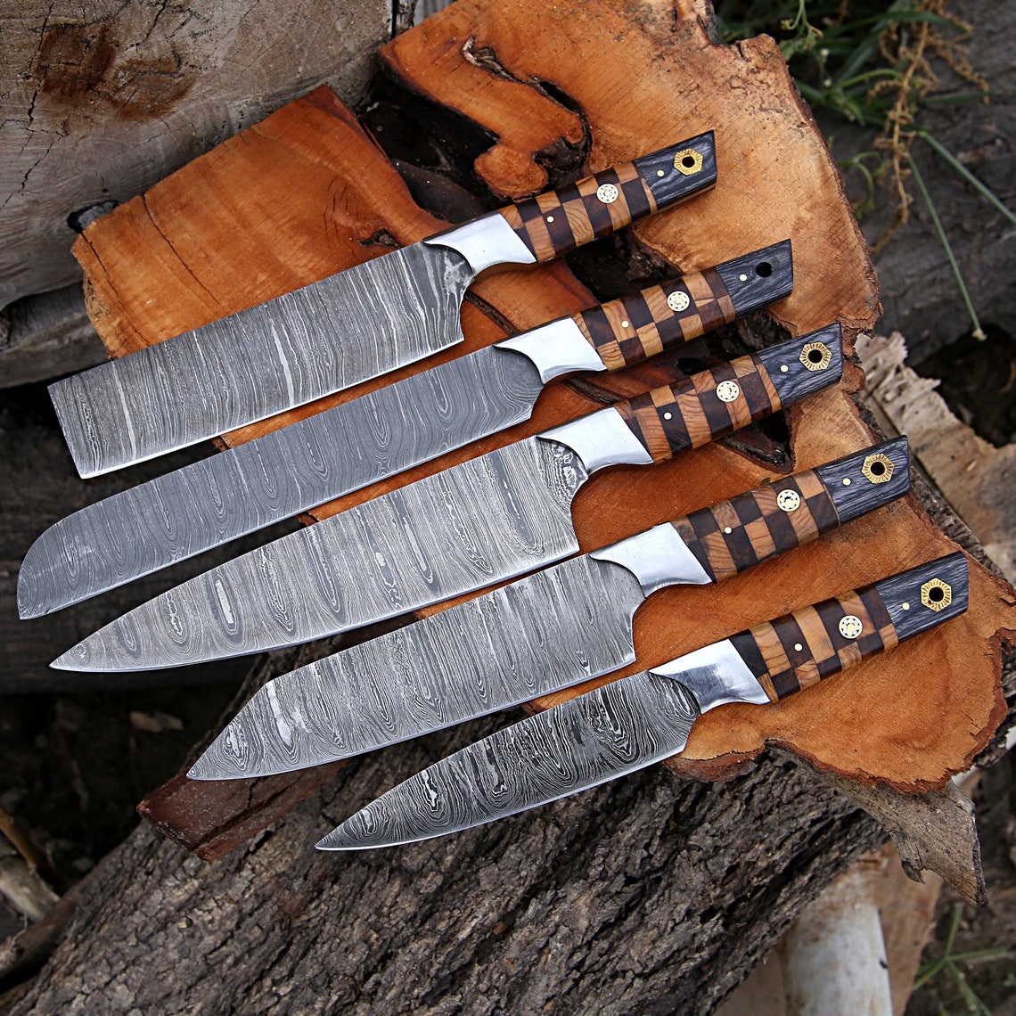 Elite Custom Handmade Forged Damascus Steel Chef Knife Set – Rosewood & Olive Wood Handles with Steel Bolster and Leather Roll Kit