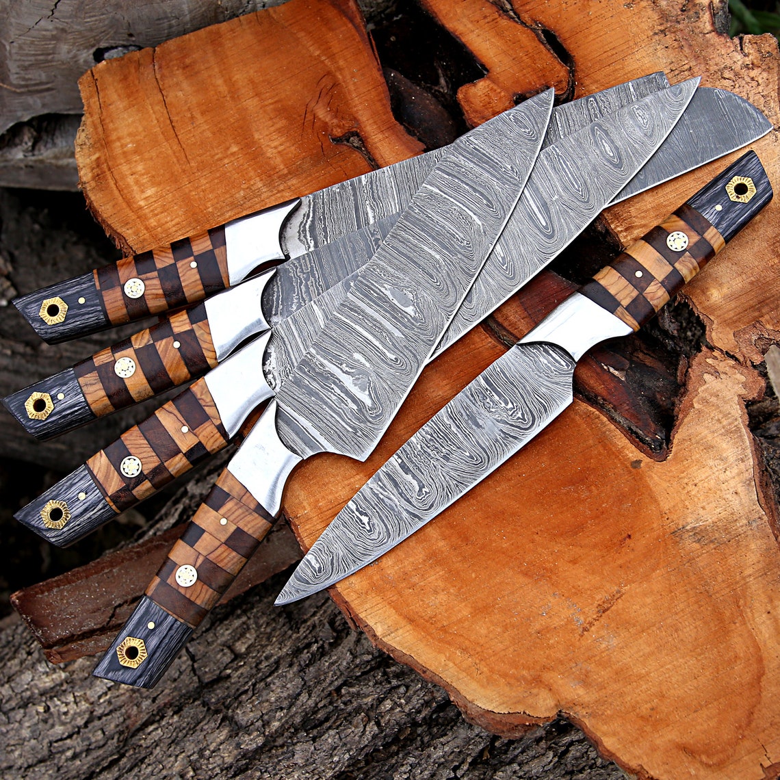 Elite Custom Handmade Forged Damascus Steel Chef Knife Set – Rosewood & Olive Wood Handles with Steel Bolster and Leather Roll Kit