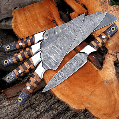 Elite Custom Handmade Forged Damascus Steel Chef Knife Set – Rosewood & Olive Wood Handles with Steel Bolster and Leather Roll Kit