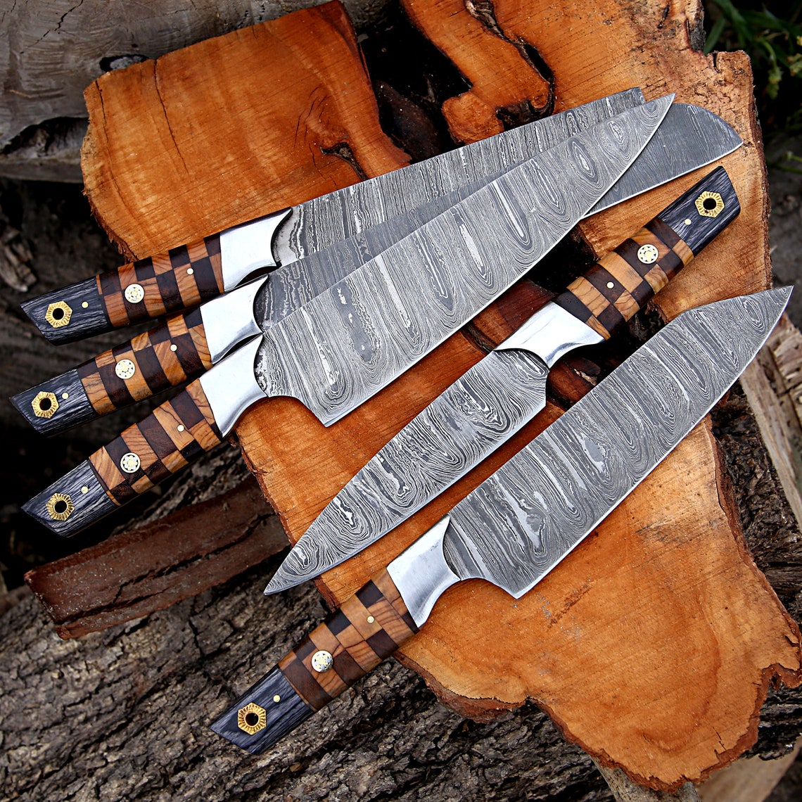 Elite Custom Handmade Forged Damascus Steel Chef Knife Set – Rosewood & Olive Wood Handles with Steel Bolster and Leather Roll Kit