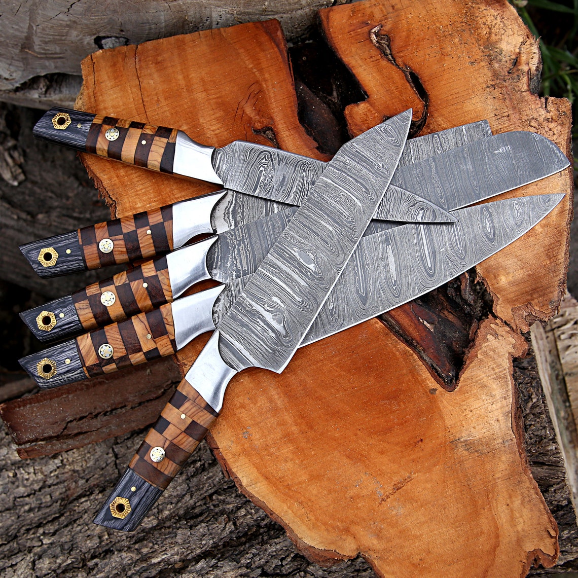 Elite Custom Handmade Forged Damascus Steel Chef Knife Set – Rosewood & Olive Wood Handles with Steel Bolster and Leather Roll Kit