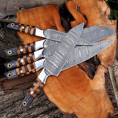 Elite Custom Handmade Forged Damascus Steel Chef Knife Set – Rosewood & Olive Wood Handles with Steel Bolster and Leather Roll Kit