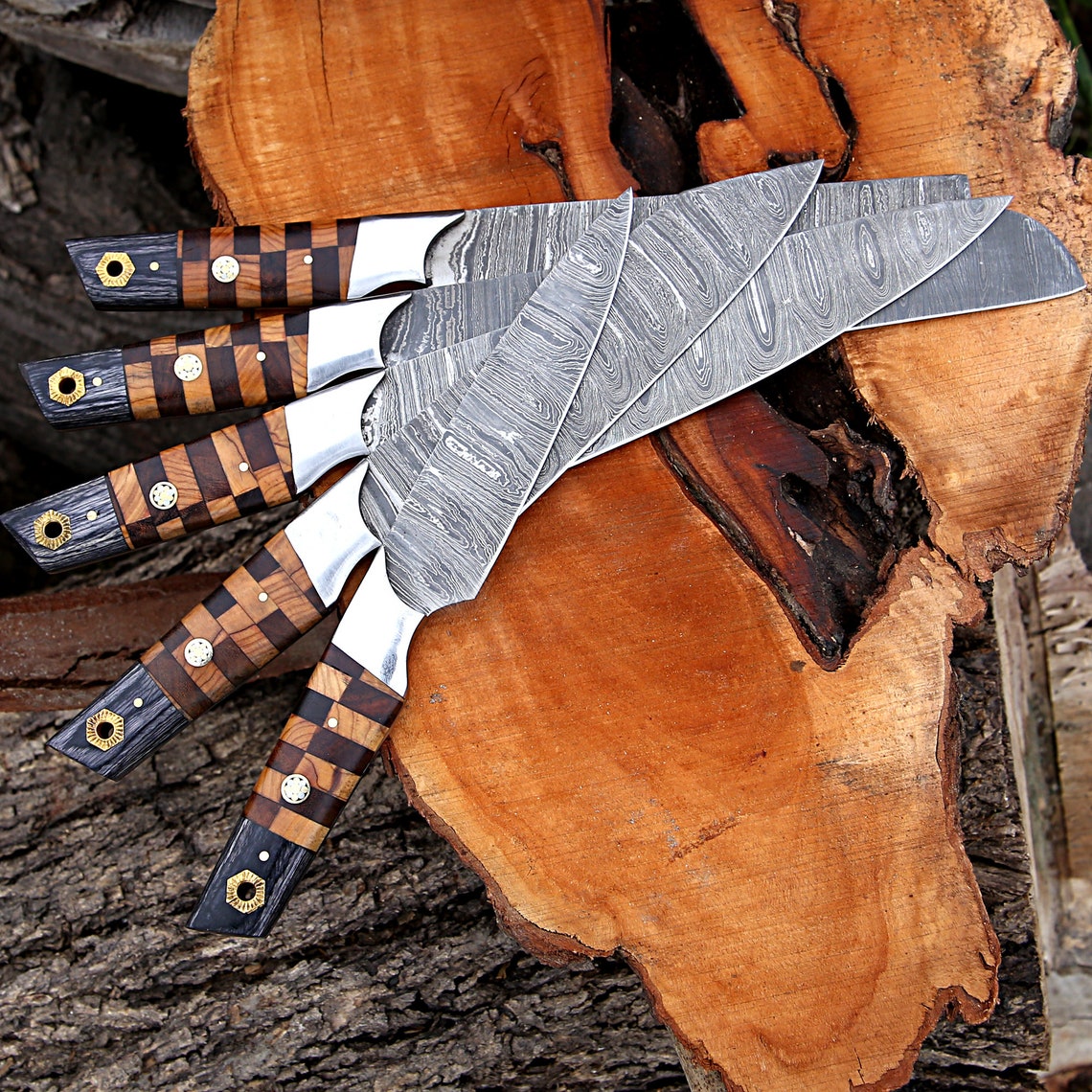 Elite Custom Handmade Forged Damascus Steel Chef Knife Set – Rosewood & Olive Wood Handles with Steel Bolster and Leather Roll Kit
