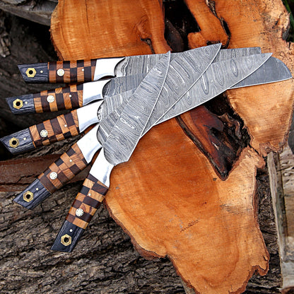 Elite Custom Handmade Forged Damascus Steel Chef Knife Set – Rosewood & Olive Wood Handles with Steel Bolster and Leather Roll Kit