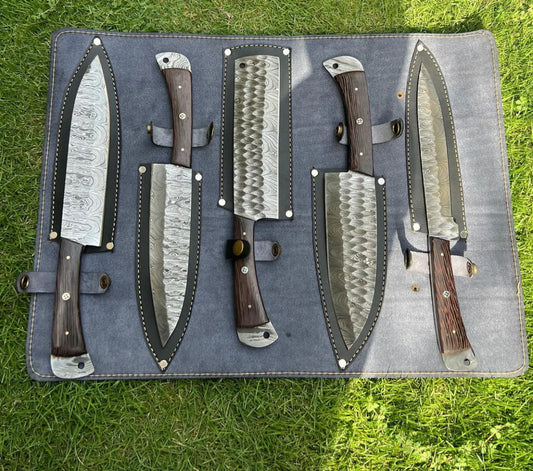 Hand Forged Damascus steel kitchen chef knives set