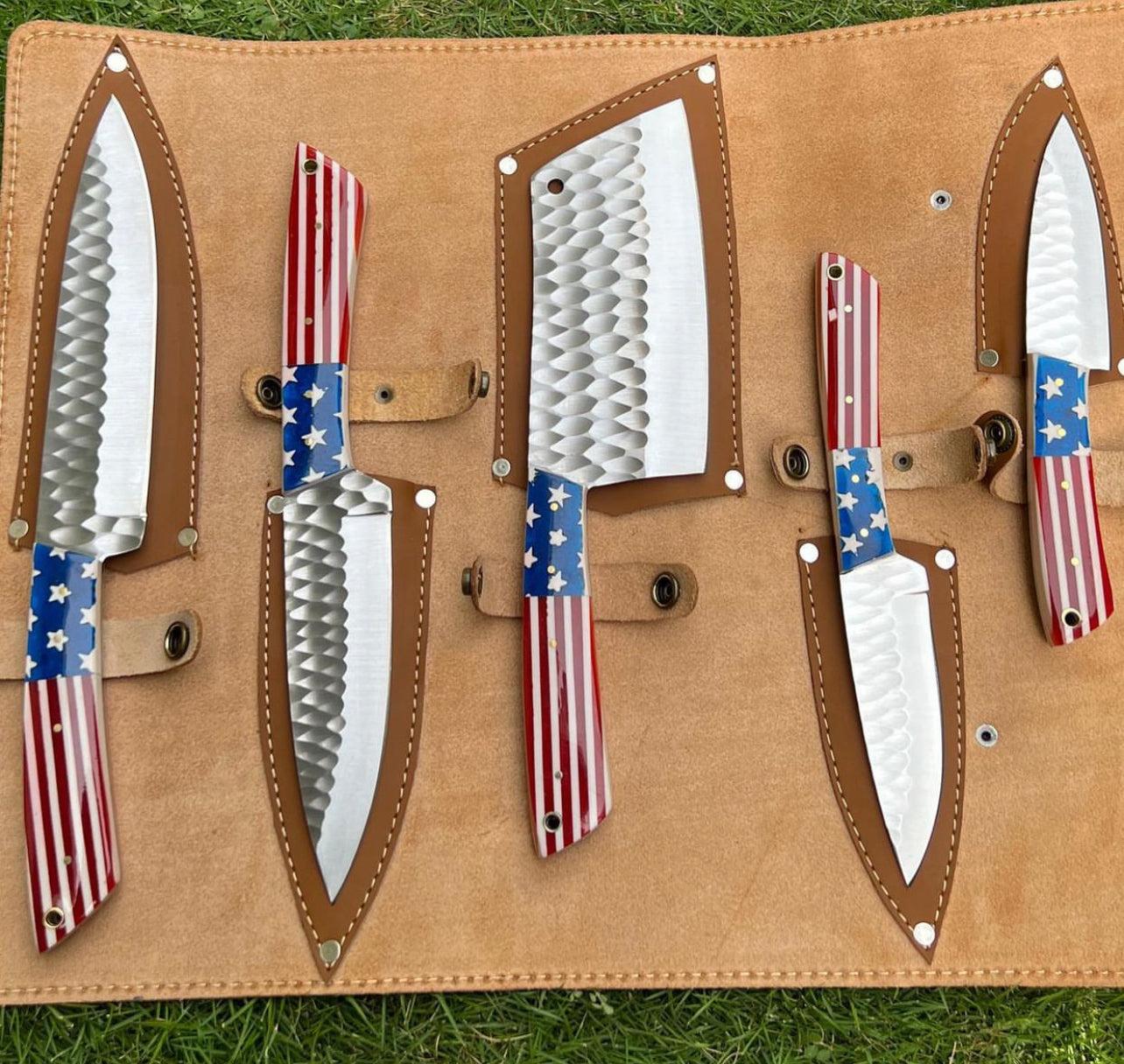 pieces Hand Forged D2 steel Texas Flag kitchen chef knives