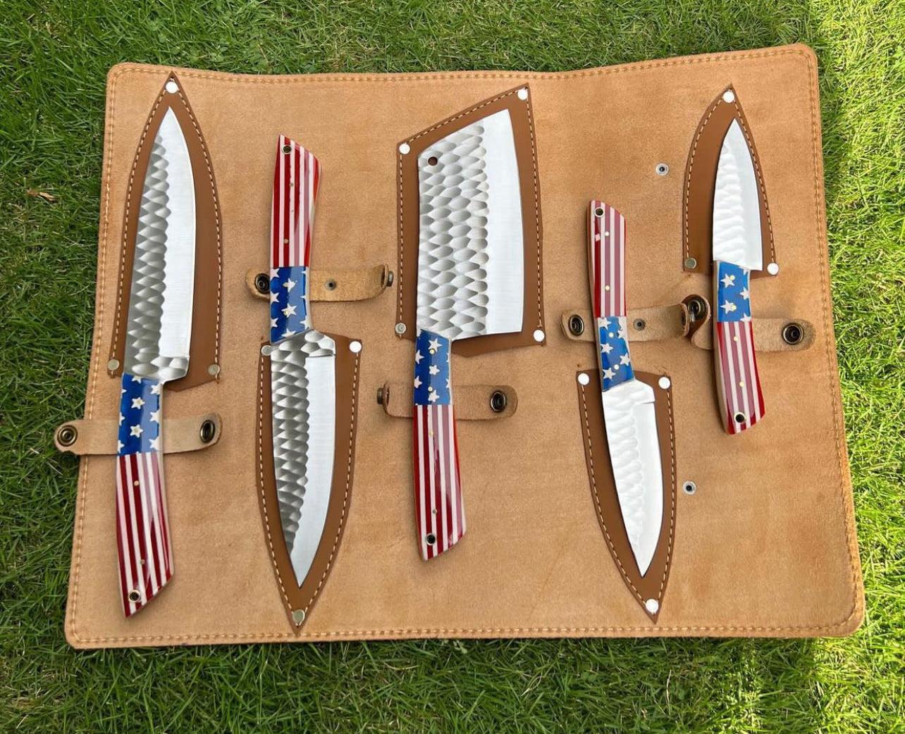 pieces Hand Forged D2 steel Texas Flag kitchen chef knives