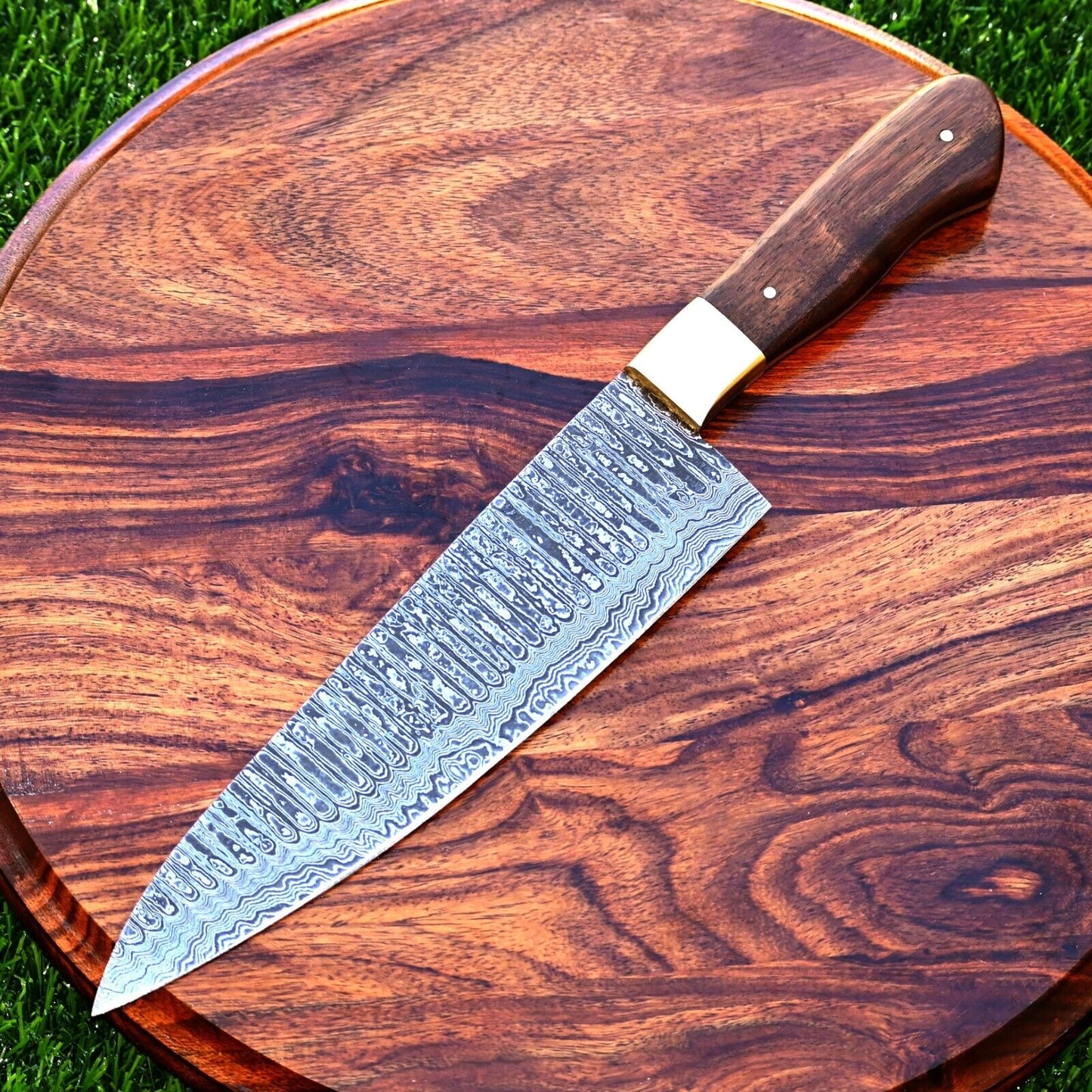 Custom Handmade 13" Damascus Steel Chef Knife with Brass Bolster and Rosewood Handle | Includes Leather Sheath