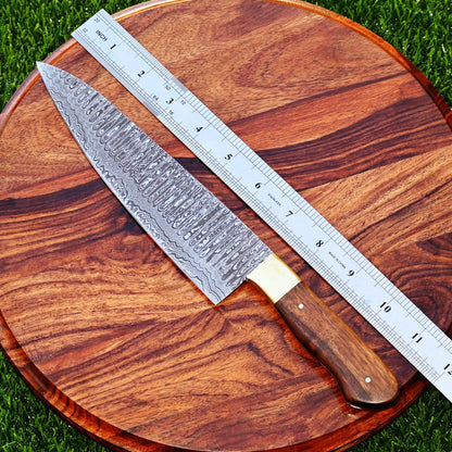 Custom Handmade 13" Damascus Steel Chef Knife with Brass Bolster and Rosewood Handle | Includes Leather Sheath